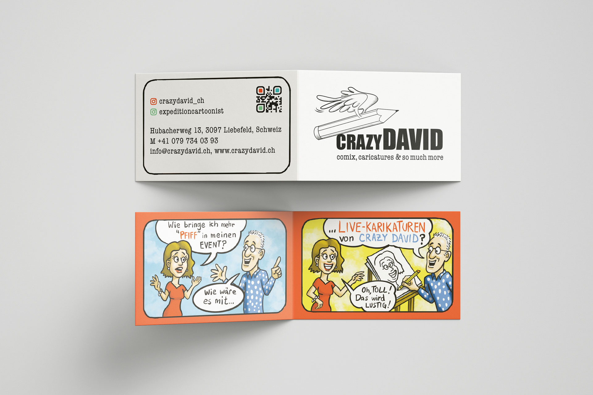 CrazyDavid Visitenkarte für Karikaturist David Levine aus Liebefeld