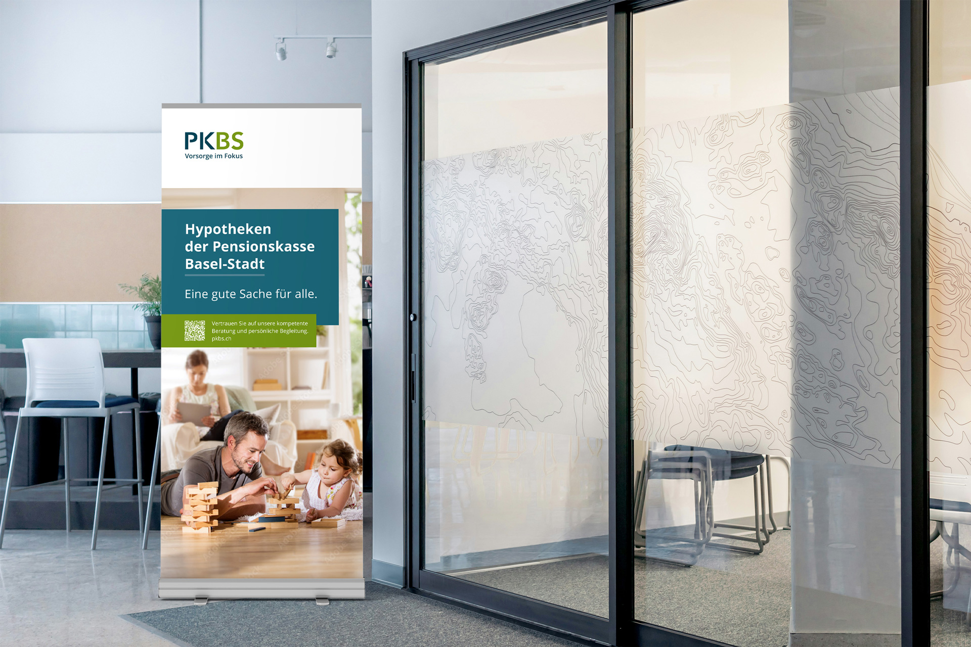 Rollup vor Konferenzraum Pensionskasse Basel-Stadt