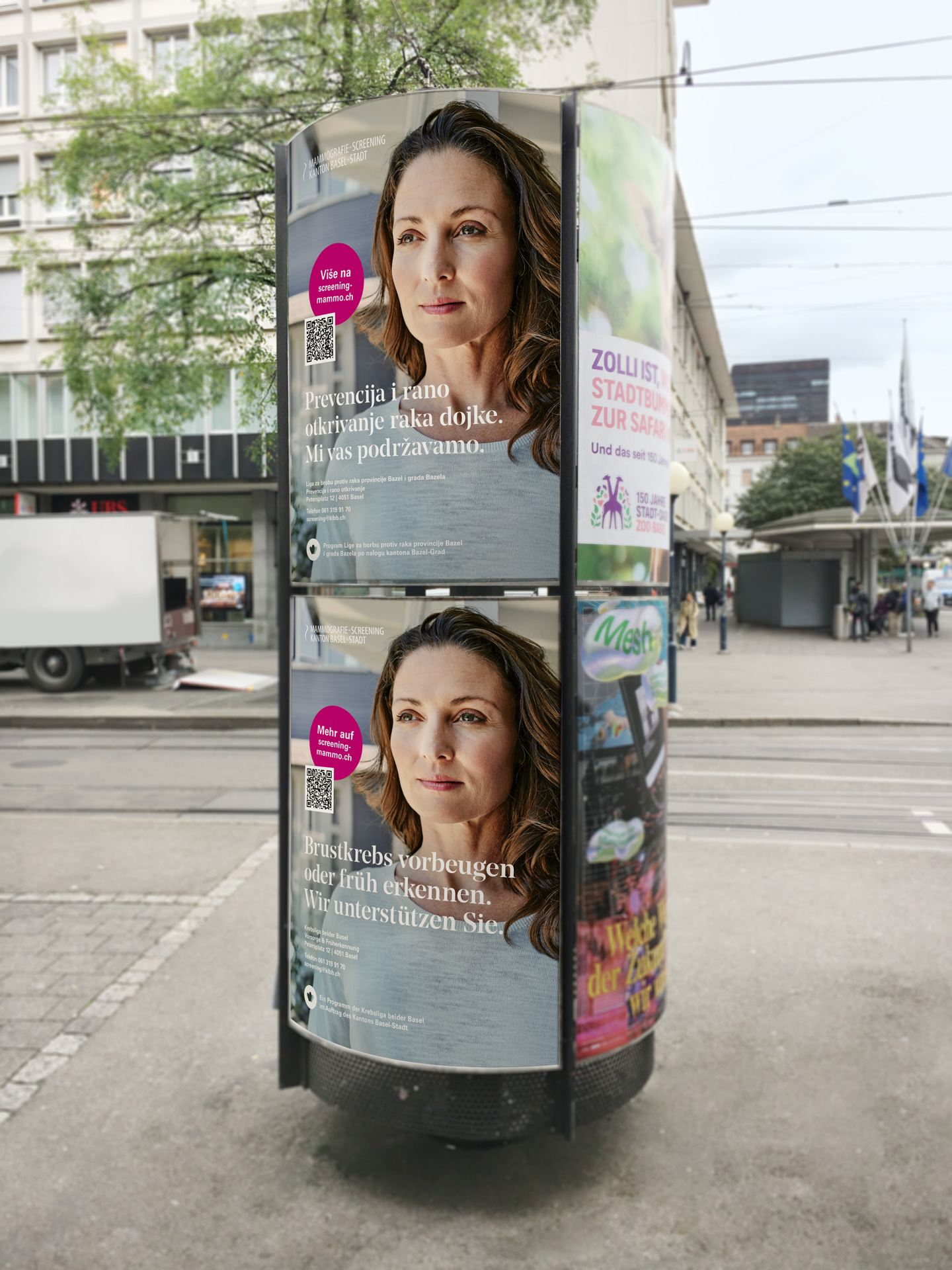 Plakat F4 in Basel am Claraplatz für KLBB Mammografie-Screening