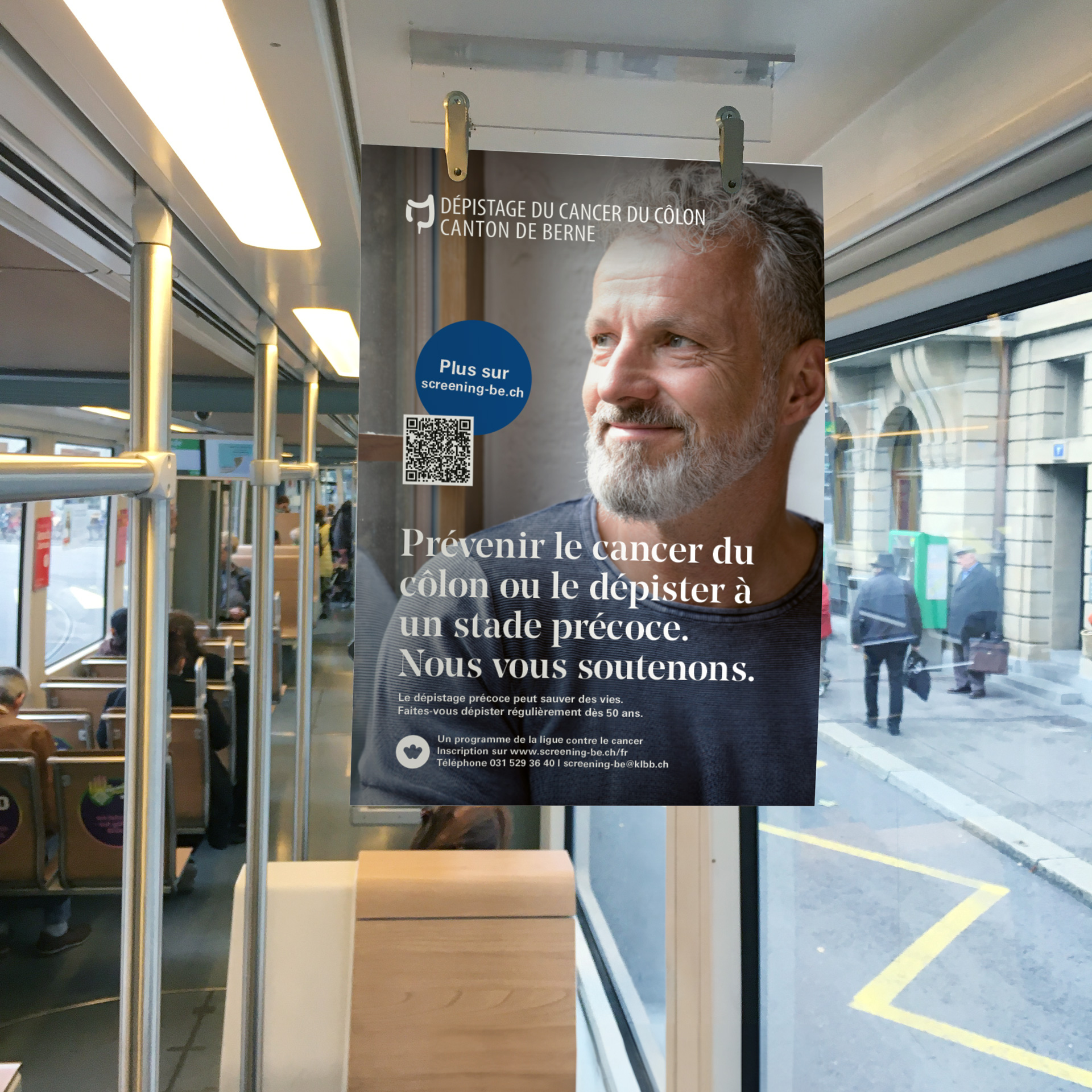 Tramplakat Darmkrebsscreening Französisch KLBB in der BVB Basel