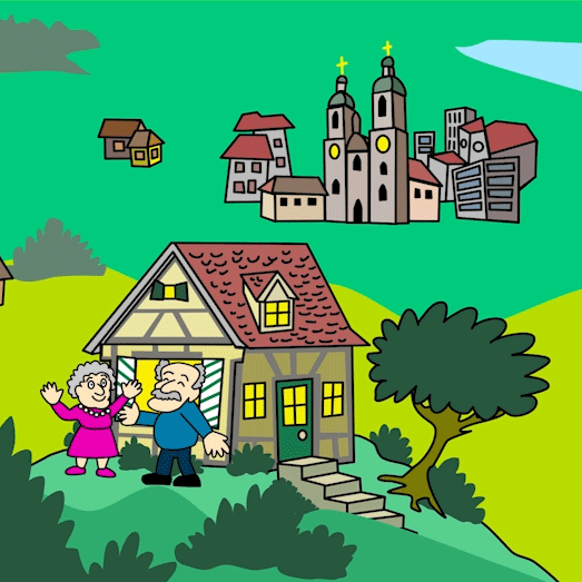 zwei Senioren vor einem Haus winken, Comicstil